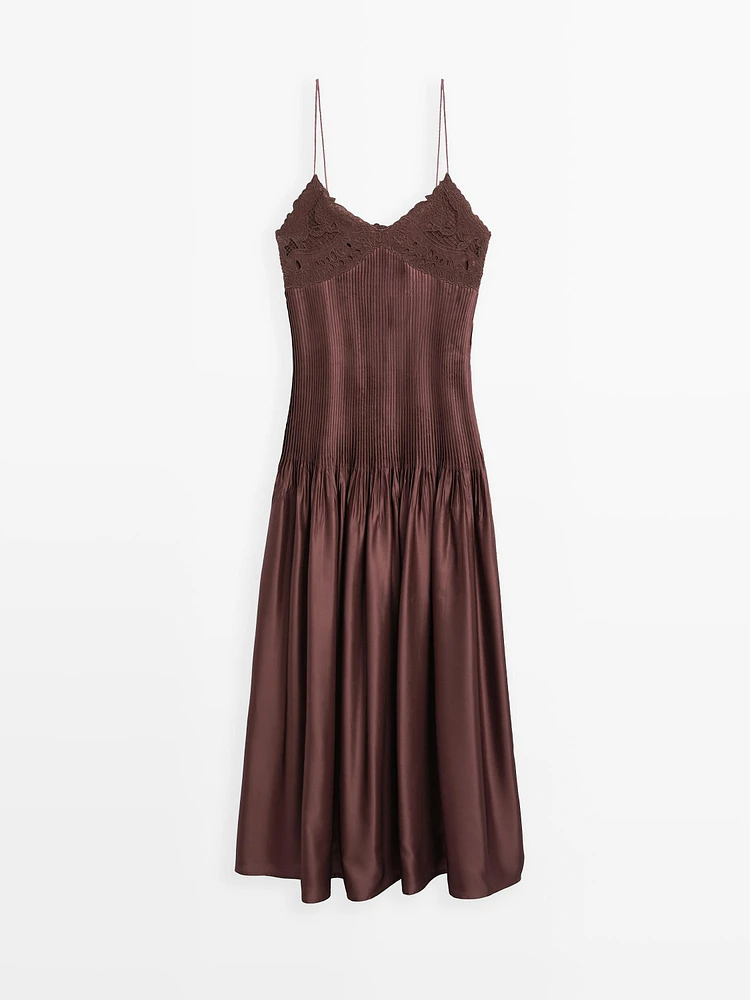 Flowing satin midi dress with straps