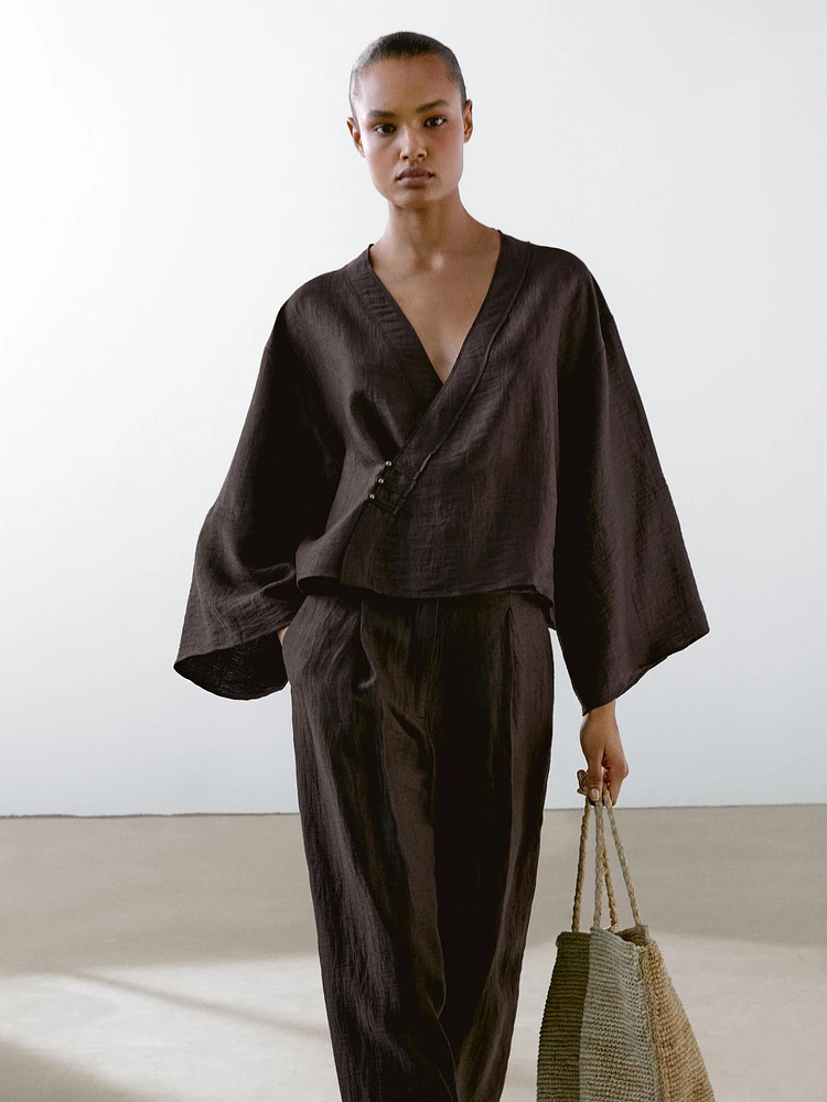 Kimono cache-cœur en lin mélangé