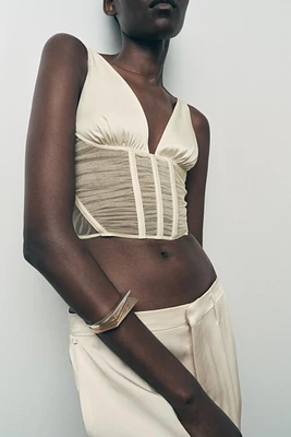 TOP CORSAGE SATINÉ EN MATIÈRES VARIÉES