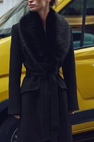 FAUX FUR WOOL BLEND LAPEL COLLAR COAT