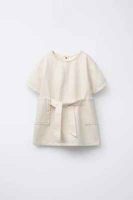 TWILL DRESS WITH TIE BELT
