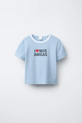 CONTRAST TEXT RIBBED T-SHIRT