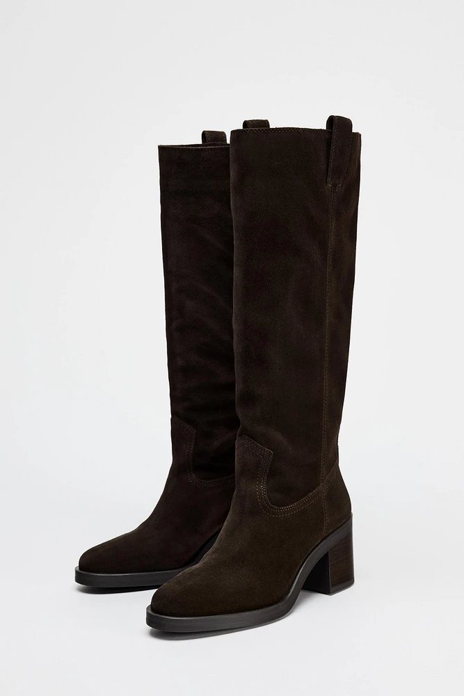 HEELED SUEDE KNEE HIGH BOOTS