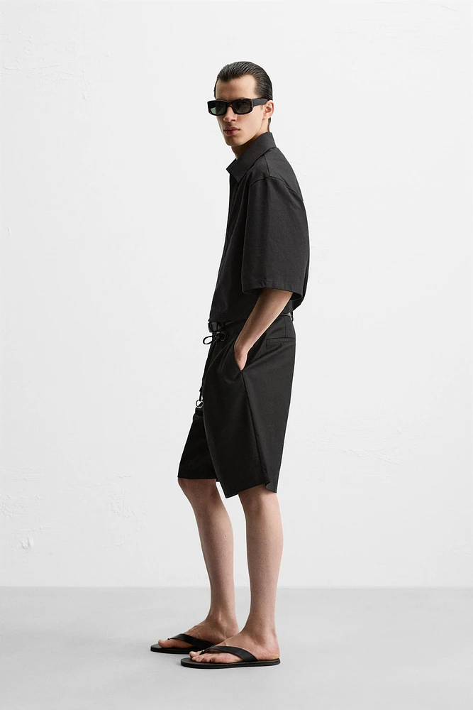 PLEATED COTTON LINEN SHORTS
