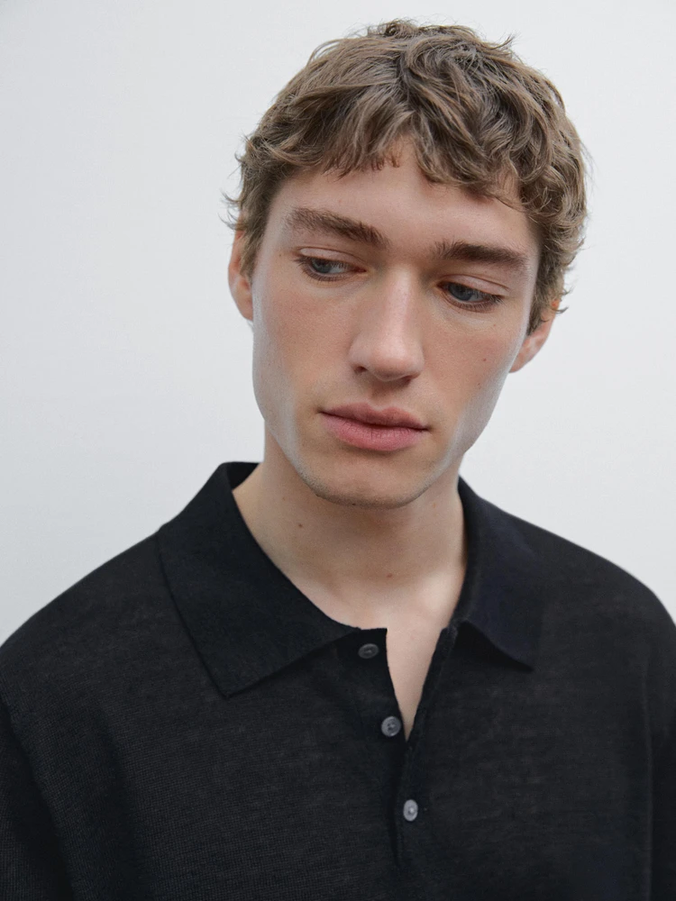 100% linen knit polo collar sweater