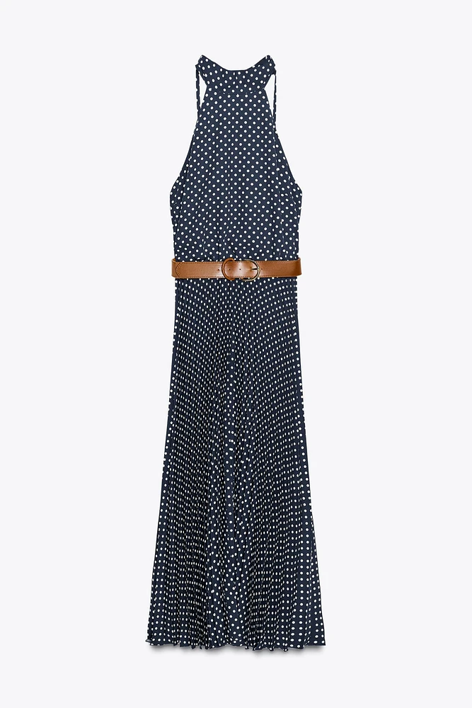 POLKA DOT MIDI HALTER DRESS WITH BELT