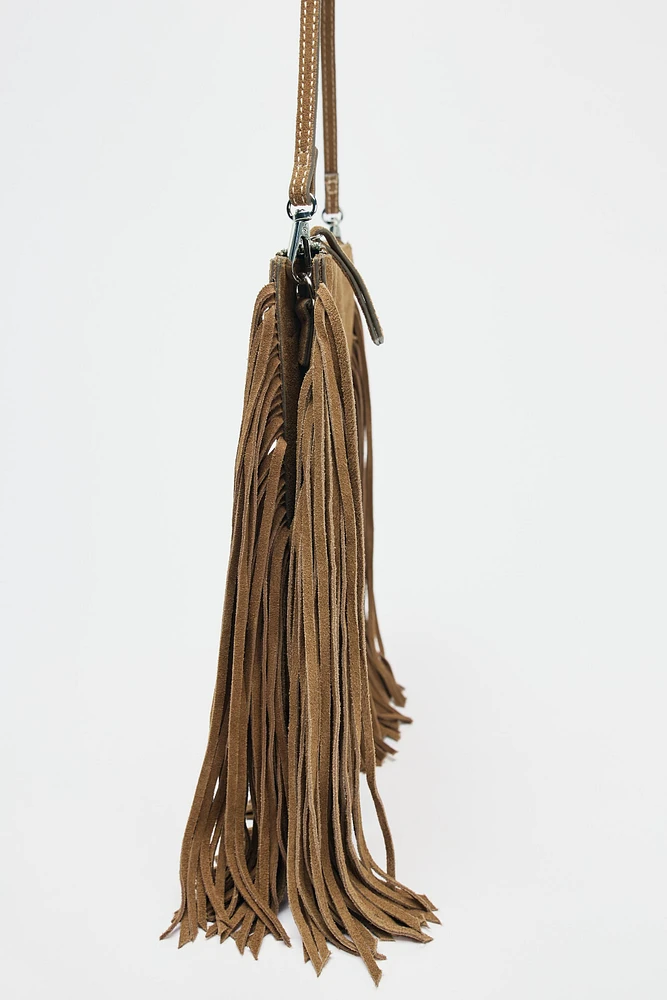 MINI SAC BANDOULIÈRE EN CROÛTE DE CUIR À FRANGES