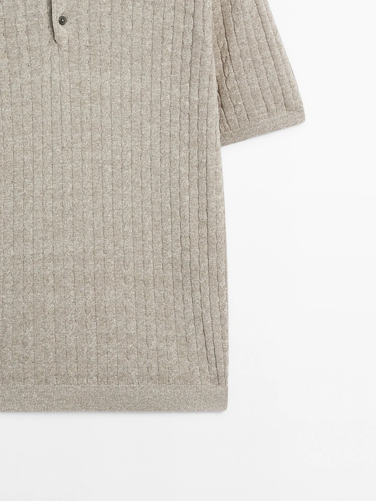 Cotton and linen blend knit polo sweater