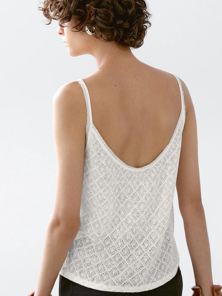 Openwork strappy linen blend top