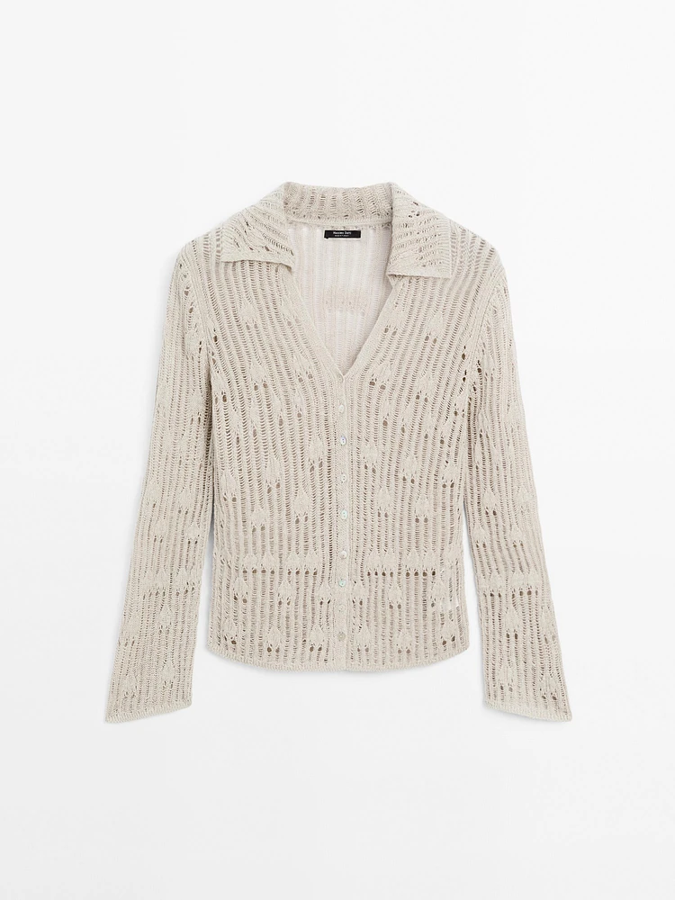Cardigan en maille ajourée à col polo