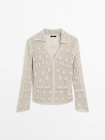 Cardigan en maille ajourée à col polo