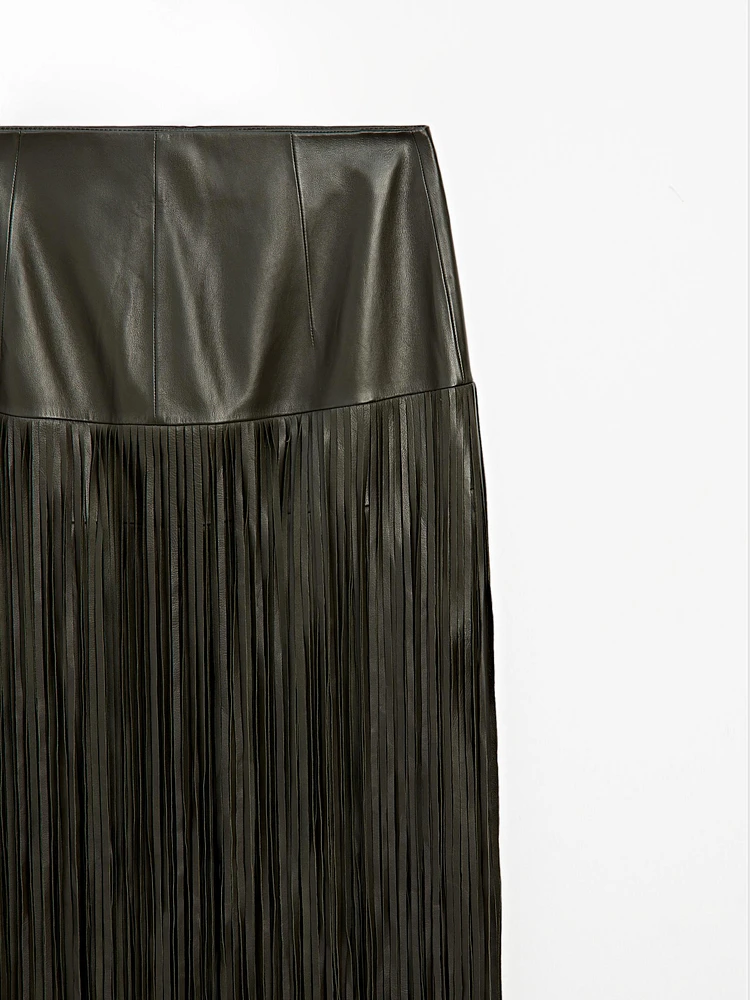 Jupe midi à franges en cuir nappa - Studio