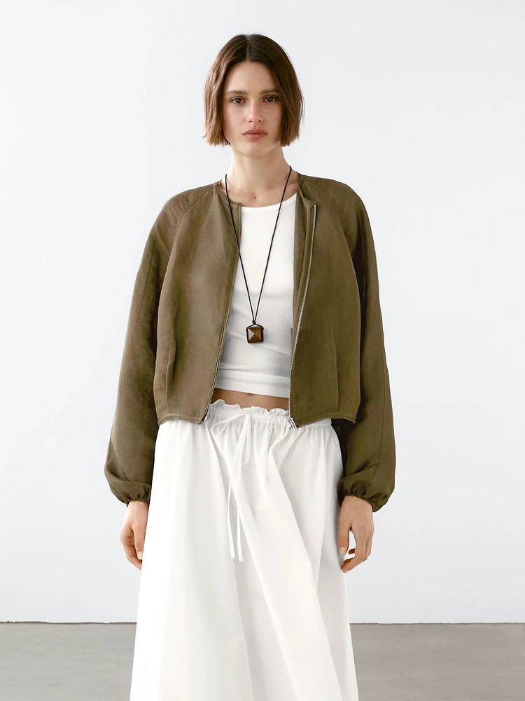 Veste bomber effilochée en lin et soie