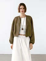 Veste bomber effilochée en lin et soie