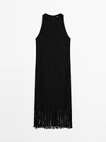 Textured knit dress with fringed hem