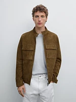Suede leather biker jacket with pockets