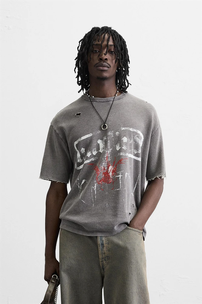 WASHED PRINT KNIT T-SHIRT