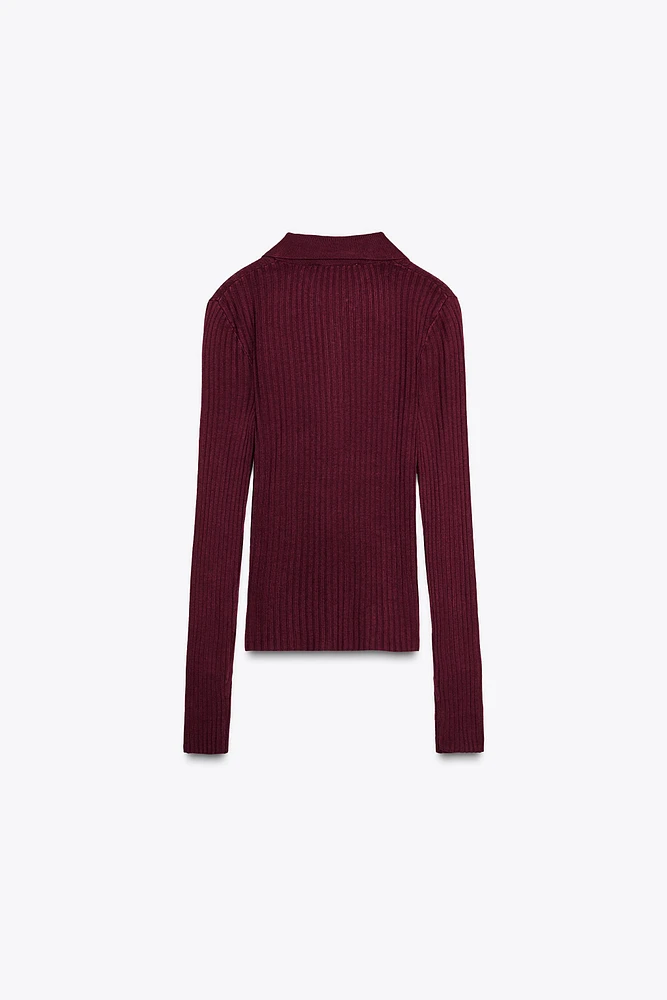 RIBBED KNIT POLO SWEATER