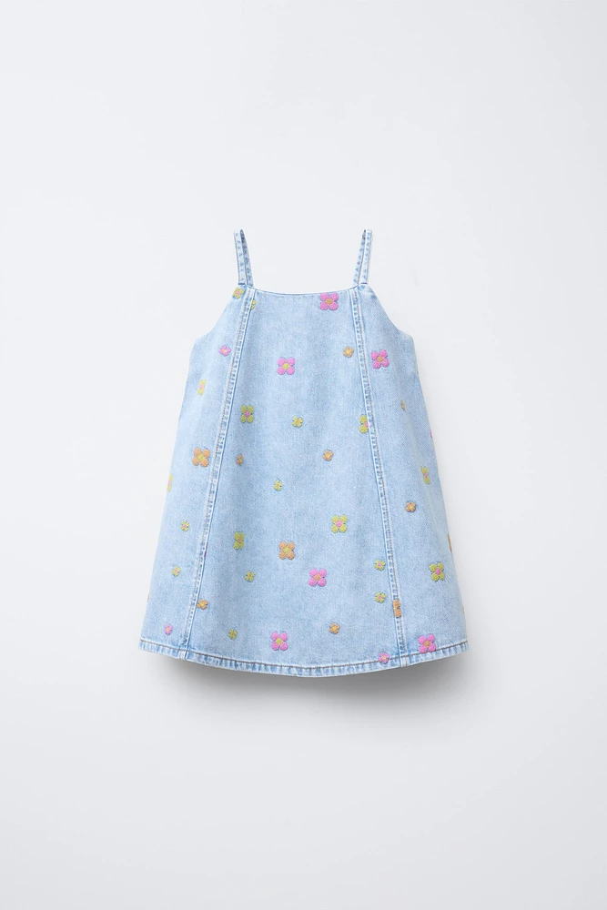 EMBROIDERED FLORAL DENIM DRESS