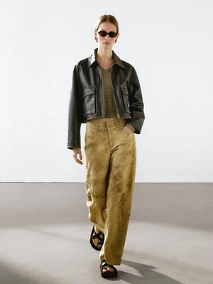 Worn effect suede leather trousers