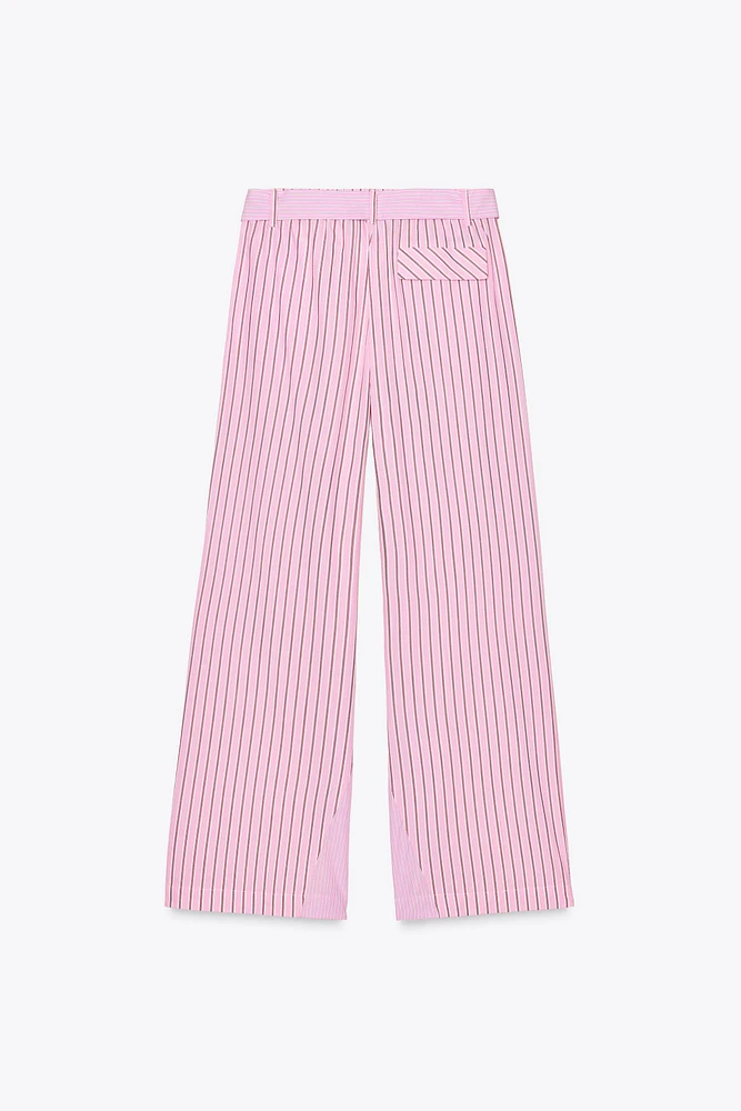 STRIPED POPLIN BELTED PANTS