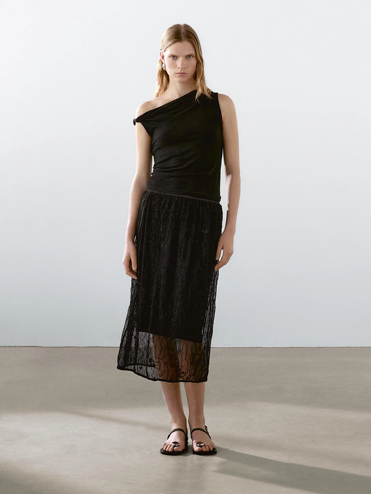 Draped cotton top with knot detail