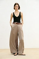 BELTED SATIN WIDE LEG PANTS