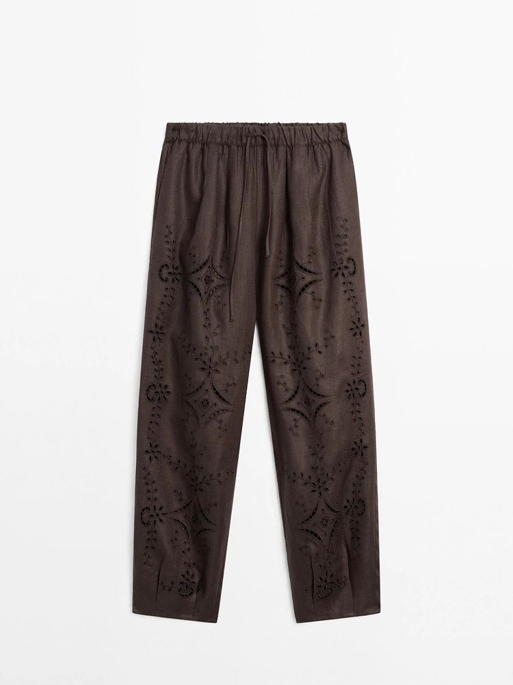 Linen blend embroidered balloon fit trousers