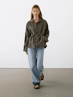 Linen blend stand collar jacket