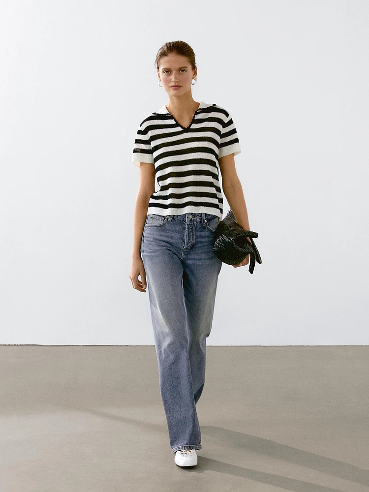 Striped cotton blend polo sweater