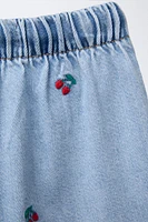 CHERRY EMBROIDERED WIDE LEG JEANS