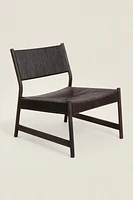 WOOD AND WOVEN LEATHER ARMCHAIR