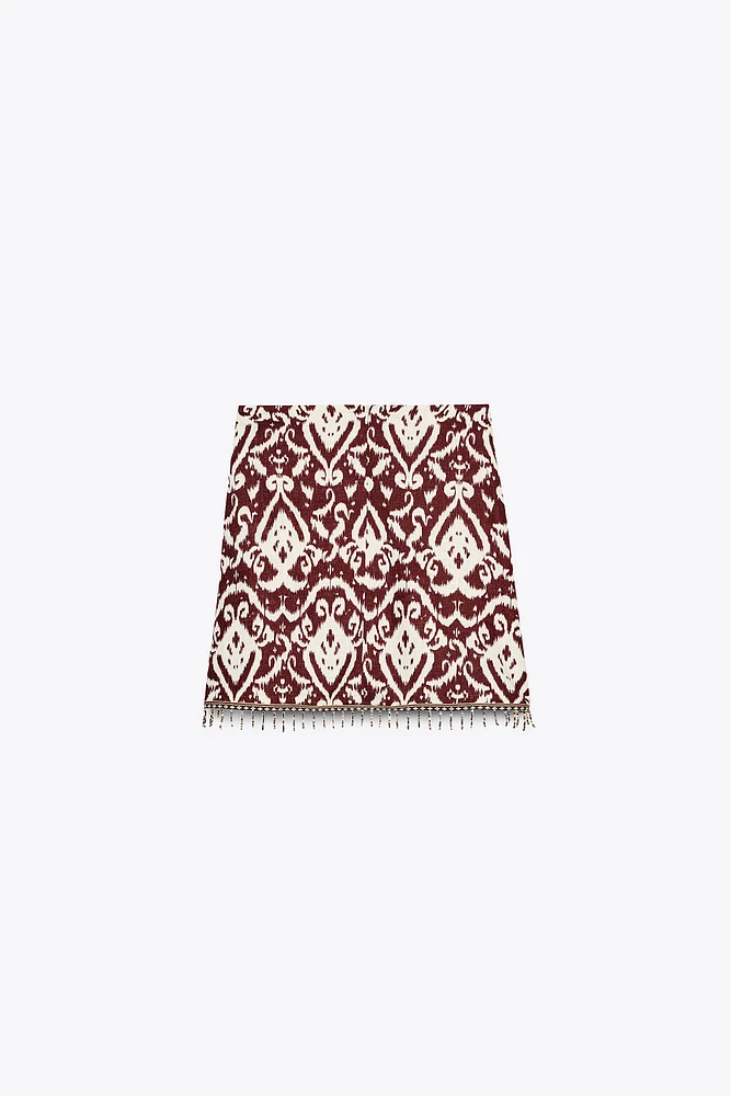 FRINGED BEADED PRINT SKIRT