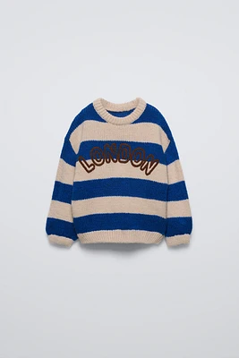 EMBROIDERED TEXT STRIPED KNIT SWEATER