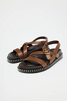 LOW-HEELED STRAPPY LEATHER SANDALS