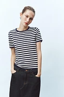 STRIPED SHORT SLEEVE KNIT TOP