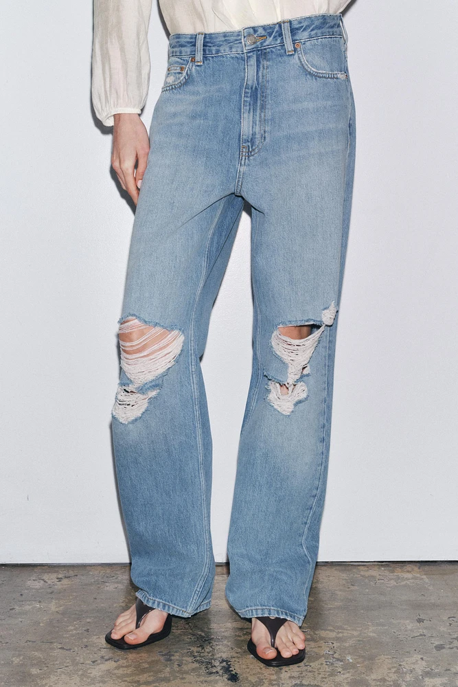 ZW COLLECTION MID-RISE RIPPED STRAIGHT JEANS