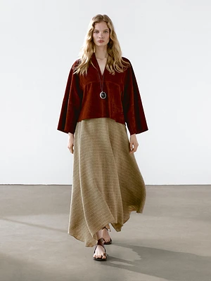 Flounce linen midi skirt with striped detail