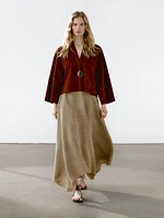 Flounce linen midi skirt with striped detail