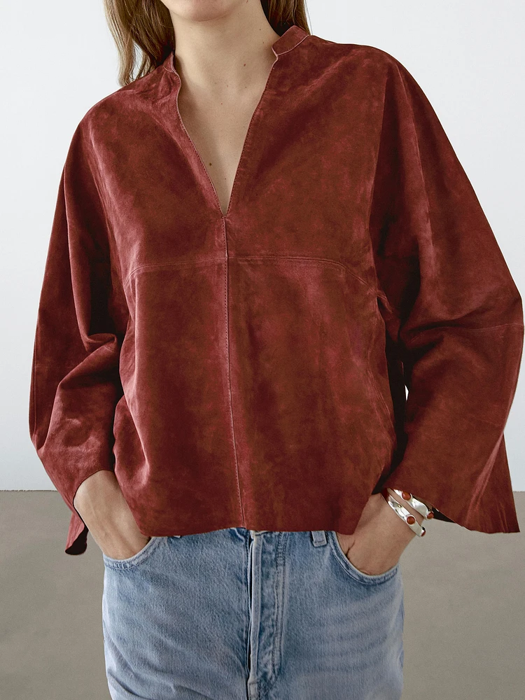 Chemise large en cuir et daim