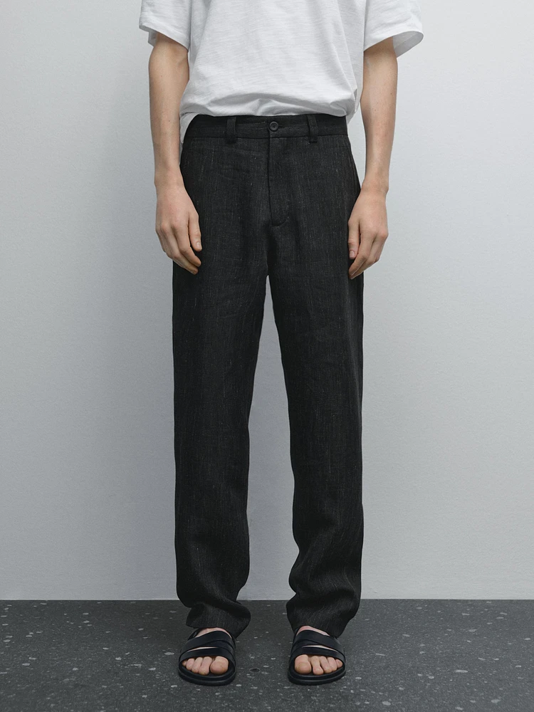 100% linen trousers with check detail