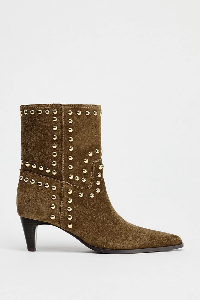 SPLIT LEATHER STUDDED ANKLE BOOTS