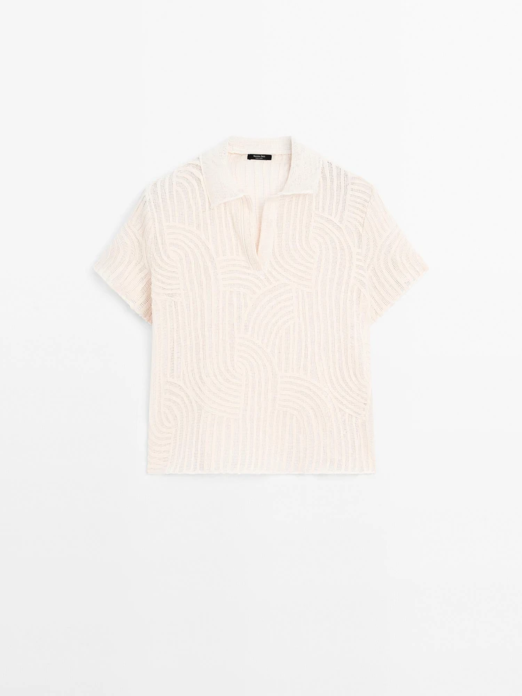 Polo en maille ajourée avec broderie