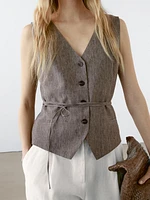 Veste sans manches chinée avec nœud en lin