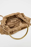 SPLIT LEATHER MINI BOWLING BAG WITH METAL HANDLE