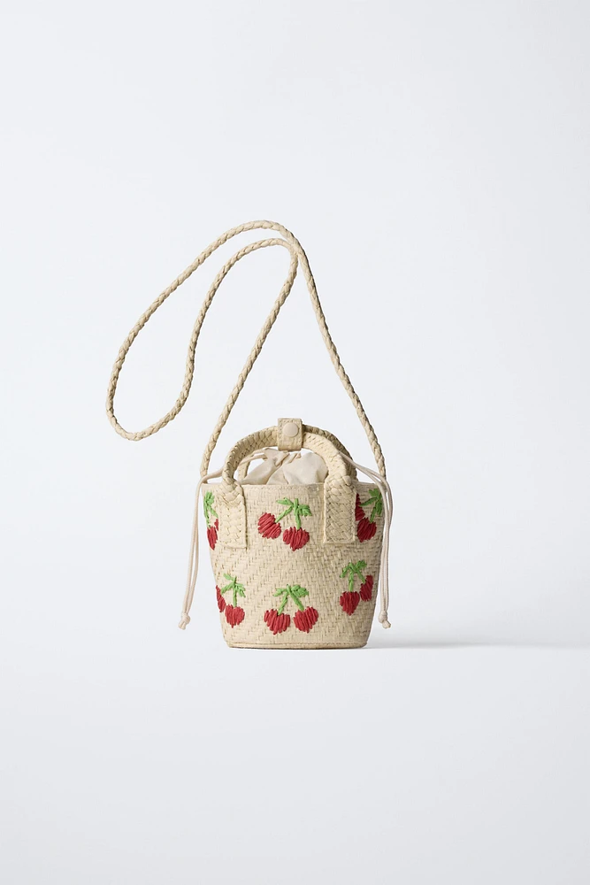 CHERRY PRINT MINI RAFFIA CROSSBODY BAG