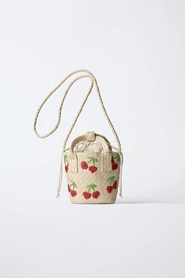 CHERRY PRINT MINI RAFFIA CROSSBODY BAG