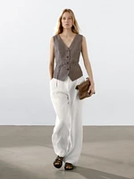 Veste sans manches chinée avec nœud en lin