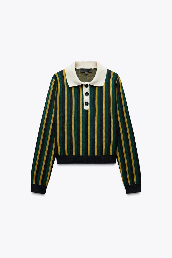 STRIPED KNIT POLO SWEATER