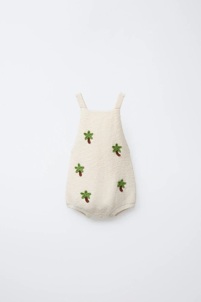 EMBROIDERED PALM TREE KNIT ROMPER